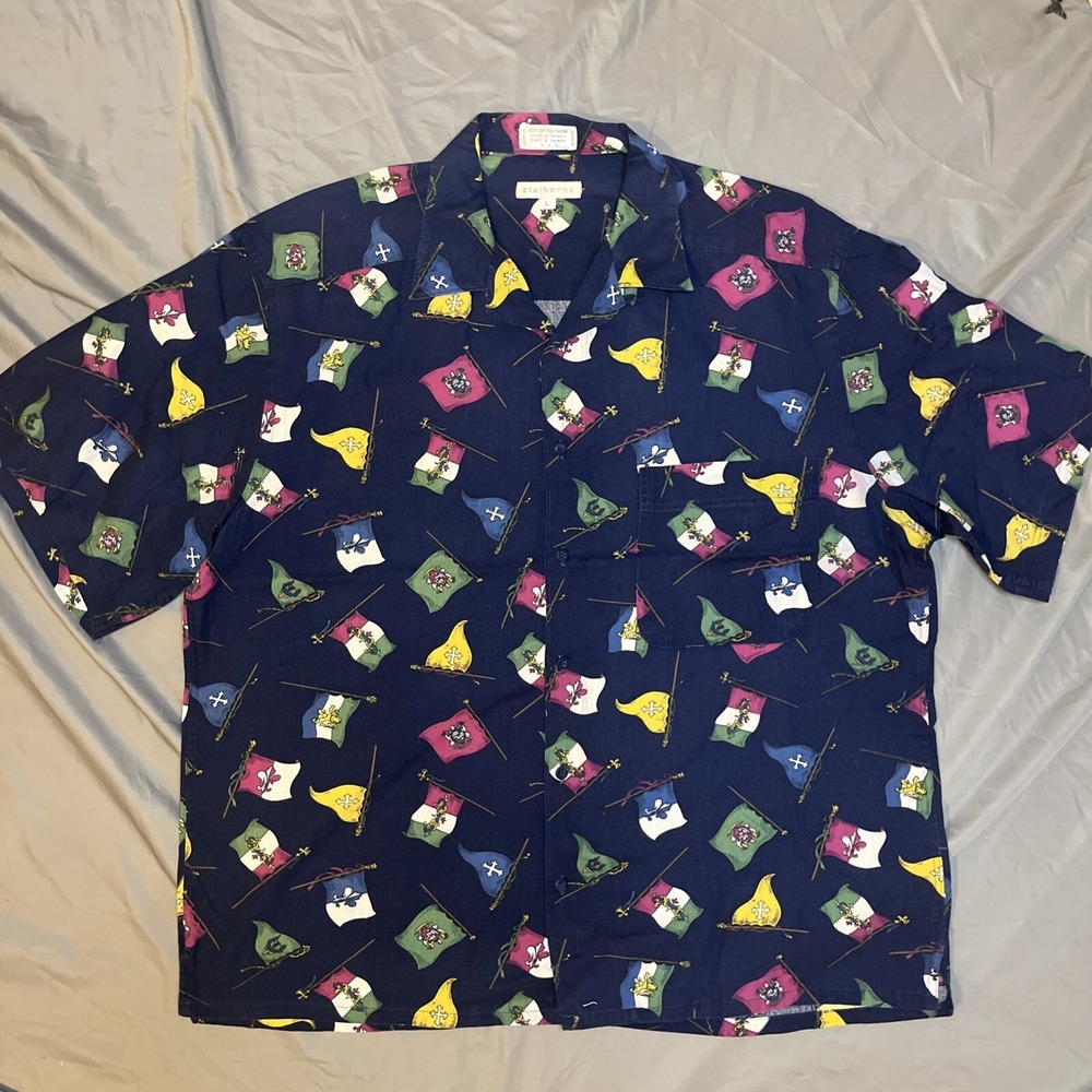 Vintage 80s Liz Claiborne AOP Flag Dress Shirt Men's Size Large Dark Blue